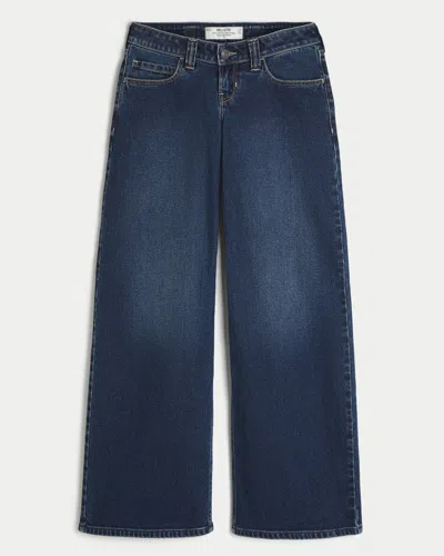 Hollister Andi Adjustable Waist Ultra Low-rise Dark Wash Super Baggy Jeans In Blue