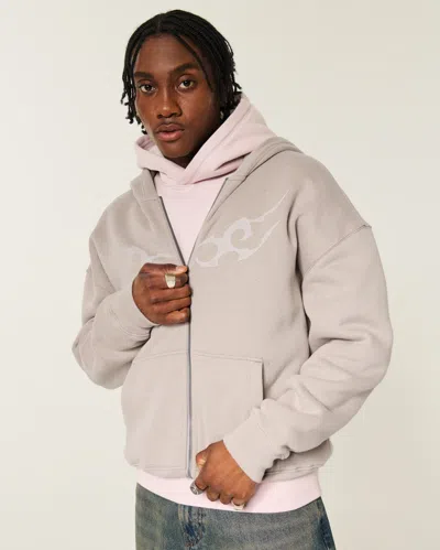Hollister Boxy Graphic Zip-up Hoodie In Neutral