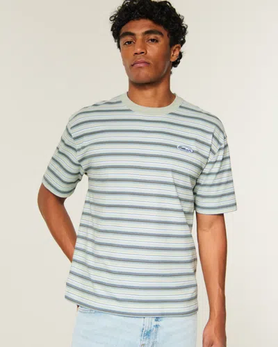 Hollister Boxy Heavyweight Logo Crew T-shirt In Light Green Stripe