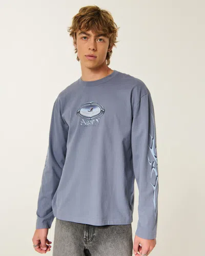 Hollister Boxy Heavyweight Long-sleeve Aspen Graphic Tee In Blue