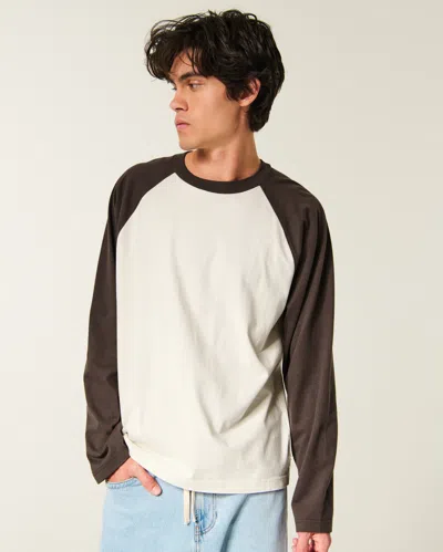 Hollister Boxy Heavyweight Long-sleeve Raglan Crew T-shirt In Dark Brown And Cream