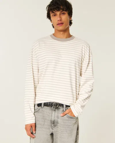 Hollister Boxy Heavyweight Long-sleeve Striped Crew T-shirt In Cream Stripe