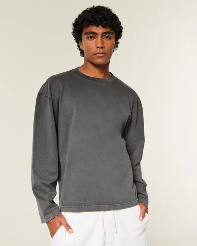 Hollister Boxy Heavyweight Long-sleeve Washed Crew T-shirt In Charcoal