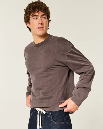 Hollister Boxy Heavyweight Long-sleeve Washed Crew T-shirt In Dark Brown