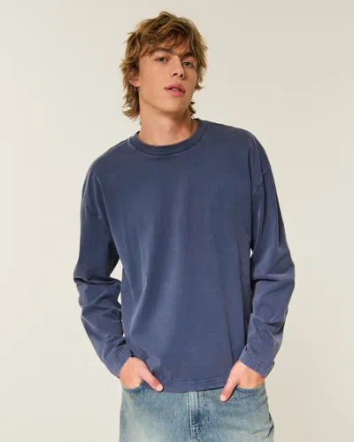 Hollister Boxy Heavyweight Long-sleeve Washed Crew T-shirt In Navy