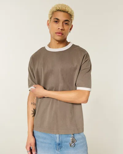 Hollister Boxy Heavyweight Ringer Crew T-shirt In Brown