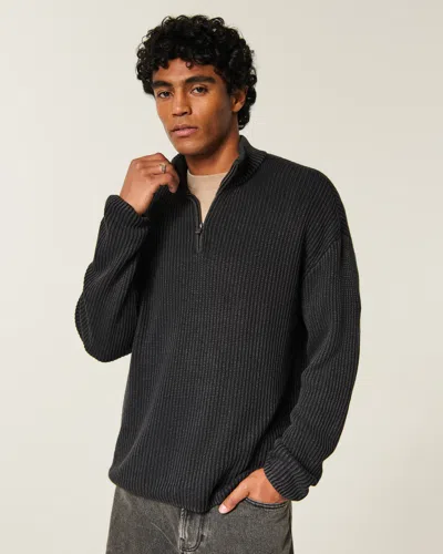 Hollister Boxy Heavyweight Washed Quarter-zip Sweater In Black