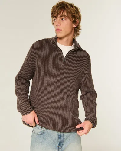 Hollister Boxy Heavyweight Washed Quarter-zip Sweater In Brown
