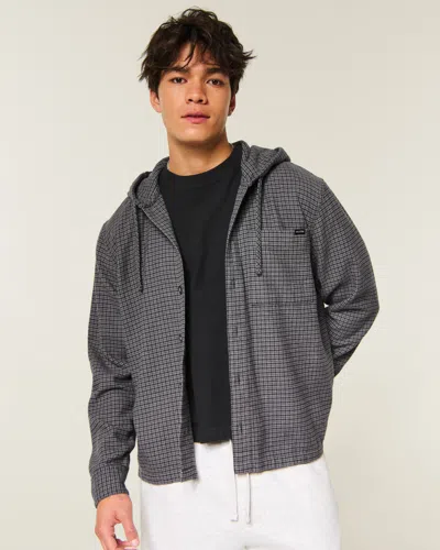 Hollister Boxy Hooded Button-through Flannel Shirt In Blue