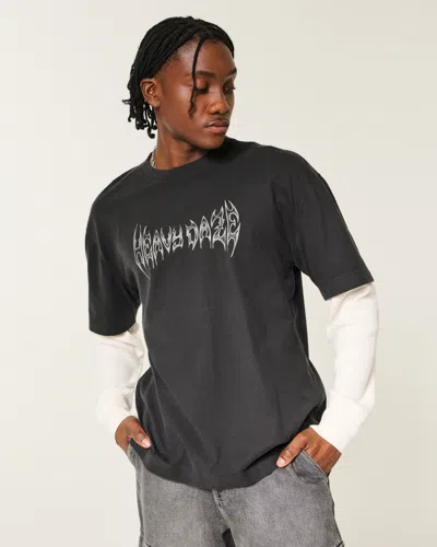 Hollister Boxy Layered Long-sleeve Heavy Daze Graphic Tee In Black