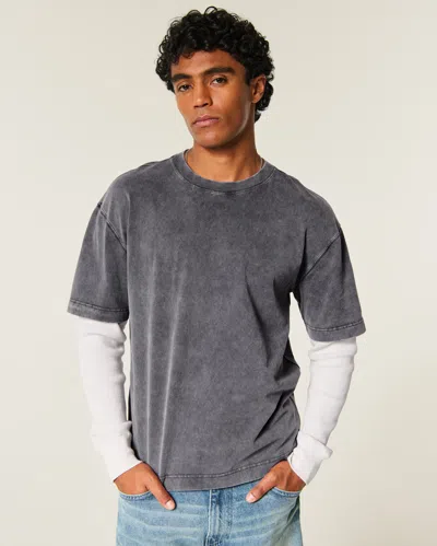 Hollister Boxy Layered Waffle 2-in-1 Crew T-shirt In Charcoal
