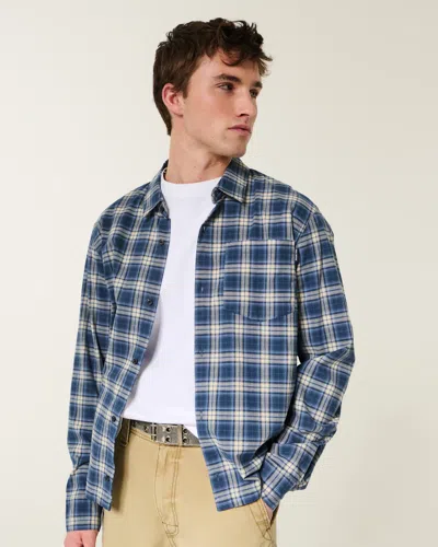 Hollister Boxy Poplin Button-through Logo Graphic Shirt In Blue