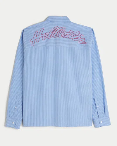 Hollister Embroidered Logo Long Sleeve Poplin Shirt In Blue