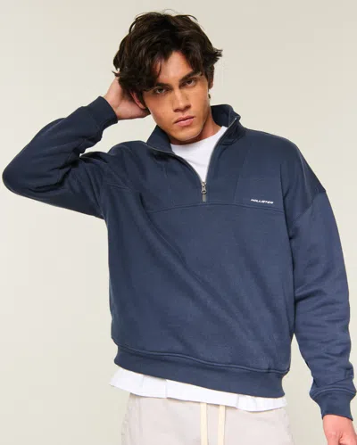 Hollister Boxy Quarter-zip Logo Sweatshirt In Blue