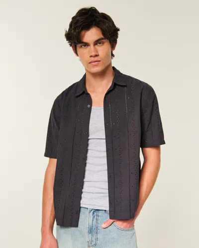 Hollister Boxy Short-sleeve Eyelet Button-through Shirt In Black