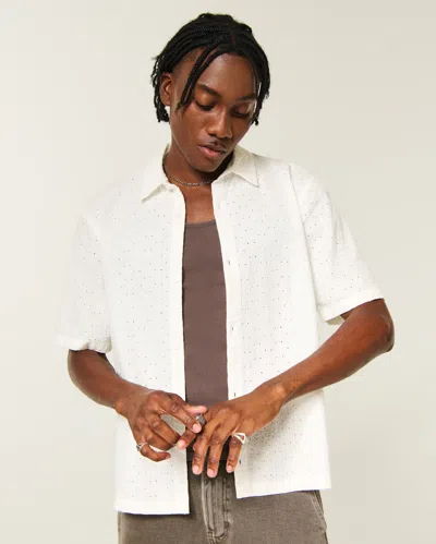 Hollister Boxy Short-sleeve Eyelet Button-through Shirt In White
