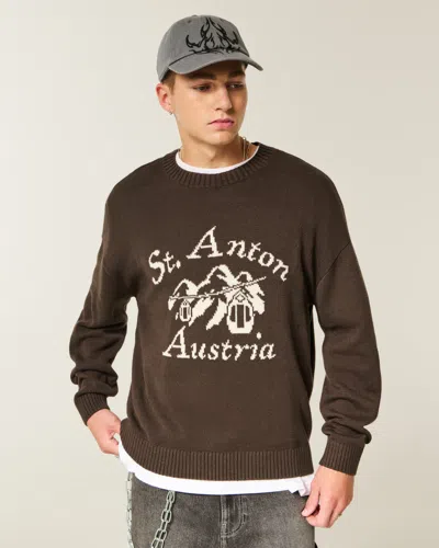 Hollister Boxy St. Anton Austria Graphic Crew Sweater In Brown