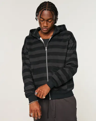 Hollister Boxy Striped Zip-up Hoodie In Black