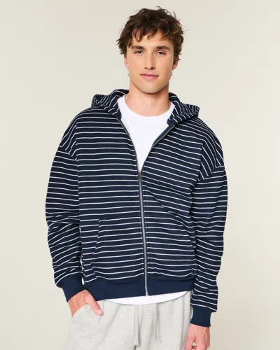 Hollister Boxy Striped Zip-up Hoodie In Blue