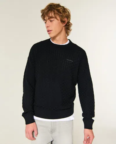 Hollister Boxy Textural Logo Crew Sweater In Black