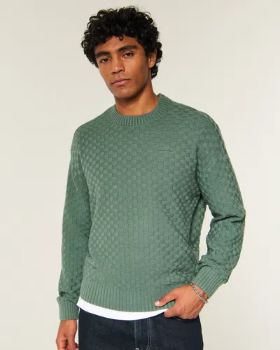 Hollister Boxy Textural Logo Crew Sweater In Green