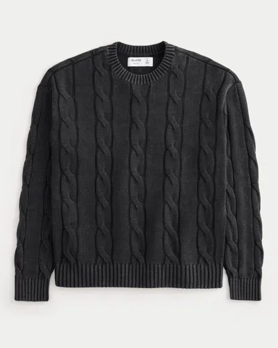Hollister Boxy Washed Cable-knit Crew Sweater In Black