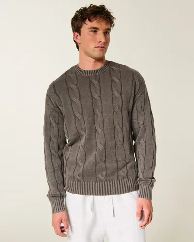 Hollister Boxy Washed Cable-knit Crew Sweater In Brown