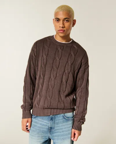 Hollister Boxy Washed Cable-knit Crew Sweater In Brown