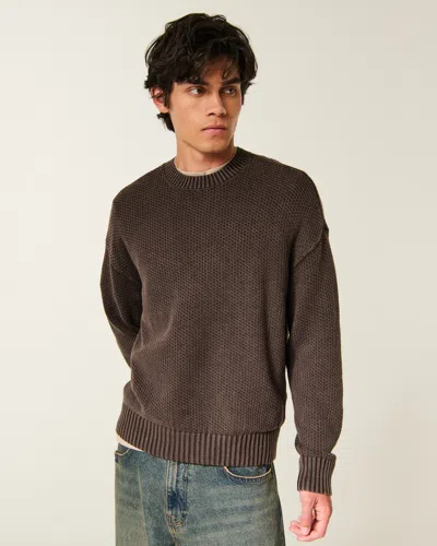 Hollister Boxy Washed Waffle Crew Sweater In Brown