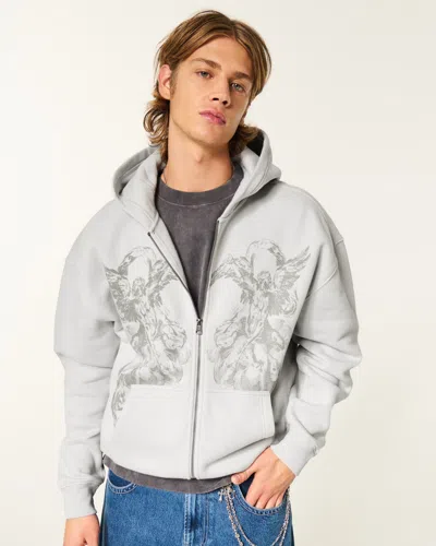 Hollister Boxy Zip-up Angel Graphic Hoodie In Gray