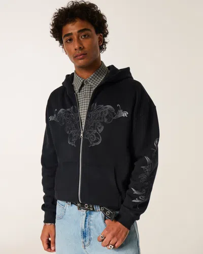 Hollister Boxy Zip-up Forever Never Ends Graphic Hoodie In Black