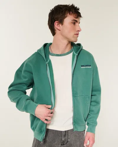 Hollister Boxy Zip-up Logo Graphic Hoodie In Green