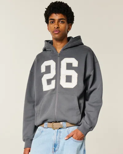Hollister Boxy Zip-up Number Graphic Hoodie In Gray