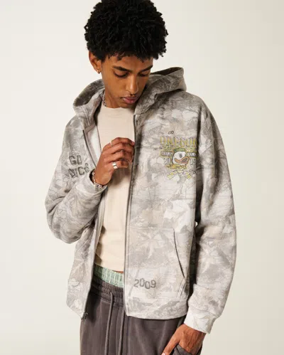 Hollister Boxy Zip-up University Of Oregon Ducks Graphic Camo Hoodie In Brown