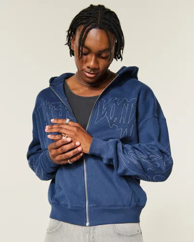 Hollister Logo Boxy Fit Hoodie With Sleeve Detail In Blue