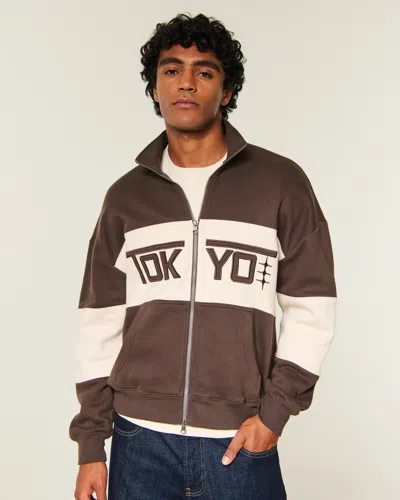 Hollister Boxy Zip-up Tokyo Graphic Sweatshirt In Brown