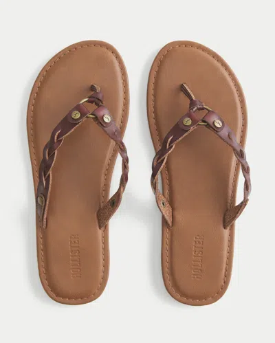 Hollister Braided Stud Faux Leather Flip Flops In Brown
