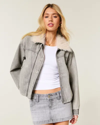 Hollister Bubble Hem Denim Bomber Jacket In Gray