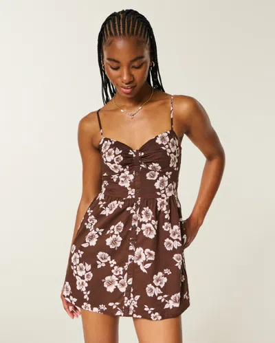 Hollister Button Front Woven Mini Dress In Brown