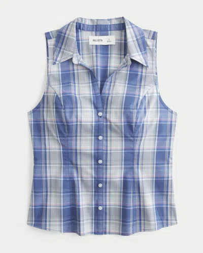 Hollister Button-through Sleeveless Shirt In Blue