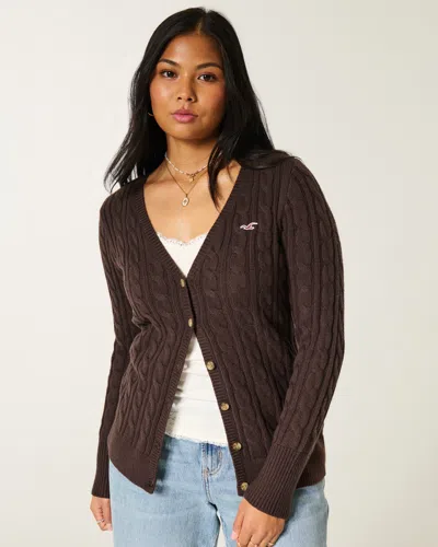 Hollister Cable-knit Icon V-neck Cardigan In Brown