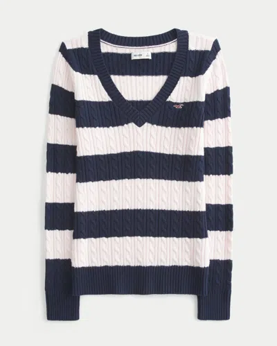 Hollister Cable-knit Icon V-neck Sweater In Blue