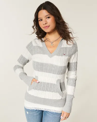 Hollister Cable-knit V-neck Hoodie Sweater In Gray