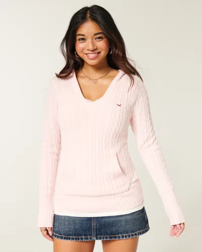 Hollister Cable-knit V-neck Hoodie Sweater In Pink