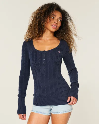 Hollister Cable-knit Icon Henley Sweater In Blue