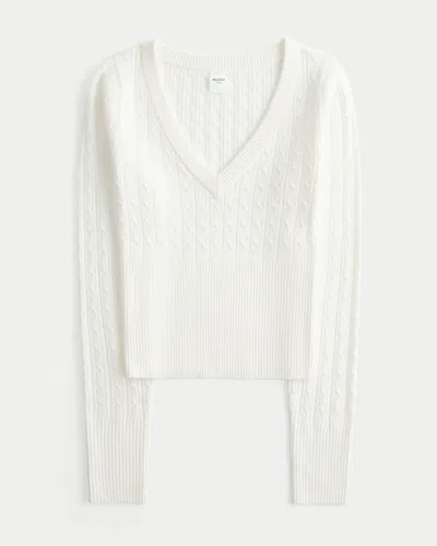 Hollister Cable-knit V-neck Sweater In White