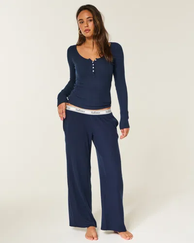 Hollister Cozy Rib Elastic Waist Wide-leg Pants In Blue