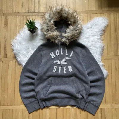 Pre-owned Hollister Crazy Vintage  Surfboards Y2k Faux Fur Hoodie In Gray