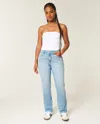 Hollister Curvy High-rise Distressed Light Wash Straight Jeans In Blue