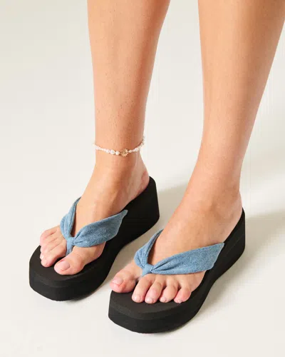 Hollister Denim Strap Platform Flip Flops In Blue